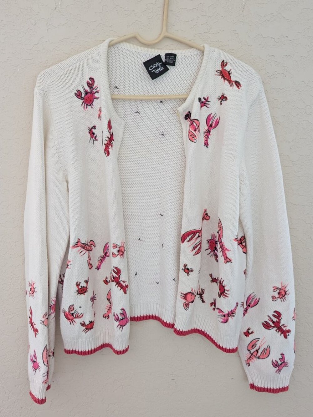 Vintage Christina Rotelli Sweater Cardigan Cotton Lobster Crab Coastal Nautical
